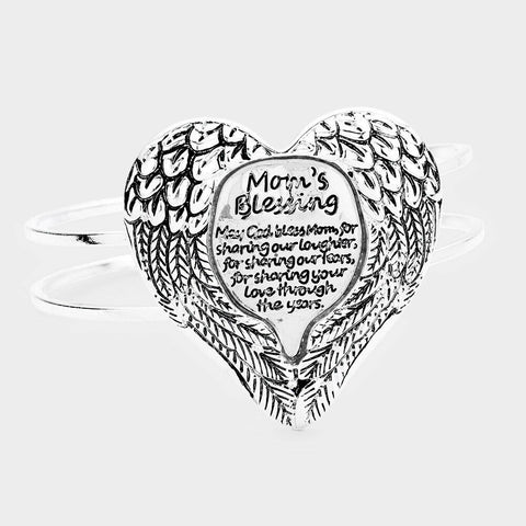 Heart Angel Wings Bracelet MOM'S BLESSING Message Hinge Bangle SILVER Jewelry - PalmTreeSky