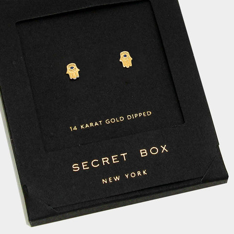 Hand Earrings Tiny Secret Gift Box 14K GOLD DIPPED Evil Eye Post Stud Hamsa - PalmTreeSky