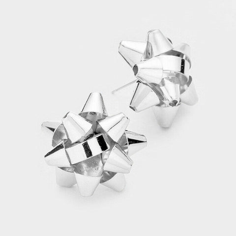 Gift Bow Earrings Metal Ribbon 1" Stud Post Holiday Party Ribbon Jewelry SILVER - PalmTreeSky