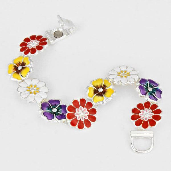 Flower Bracelet Magnetic Clasp Metal Link Daisy Carnation Rose SILVER MULTI - PalmTreeSky