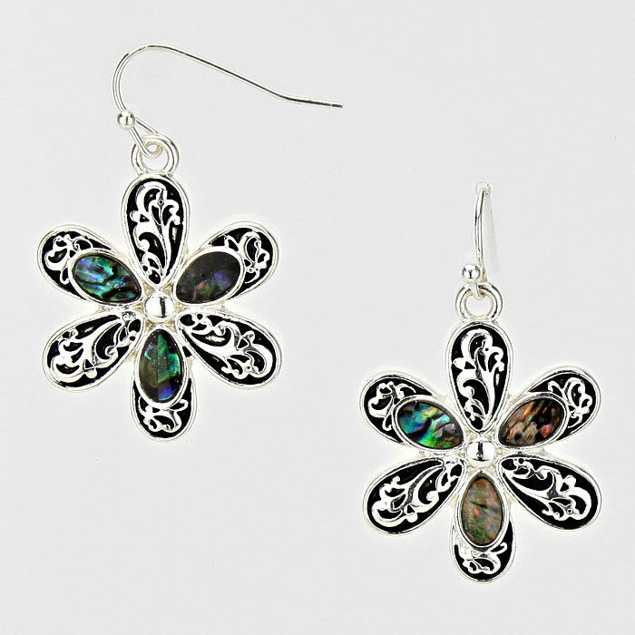 Flower Earrings Abalone Shell Metal Drop Dangle SILVER Nature Sun Daisy Jewelry - PalmTreeSky