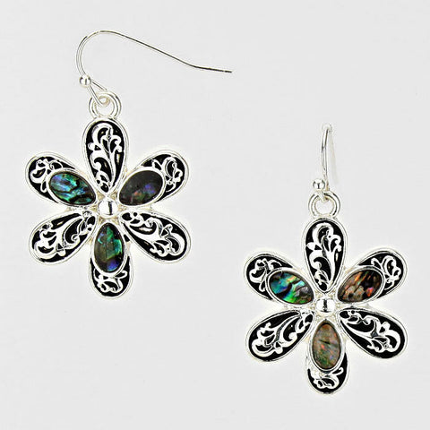 Flower Earrings Abalone Shell Metal Drop Dangle SILVER Nature Sun Daisy Jewelry - PalmTreeSky