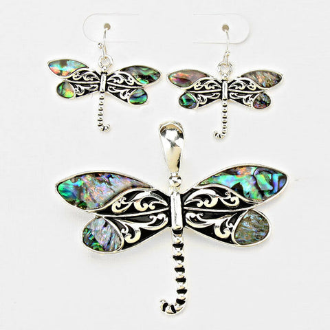 Dragonfly Pendant Earrings SILVER MULTI Abalone Filigree Butterfly Leaf Jewelry - PalmTreeSky