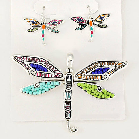 Dragonfly Pendant Earrings SILVER MULTI Sea Beaded Butterfly Tree Leaf Jewelry - PalmTreeSky