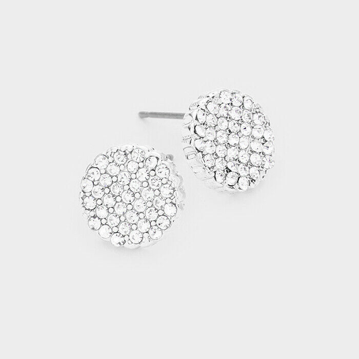 Crystal Earrings Tiny Round Circle Stud Post Pave Rhinestone Disc .4" SILVER - PalmTreeSky