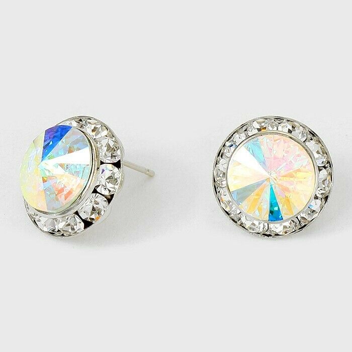 Crystal Stud Earrings Rivoli Austrian 5/8" Round Stud Post SILVER 02SAB Jewelry - PalmTreeSky