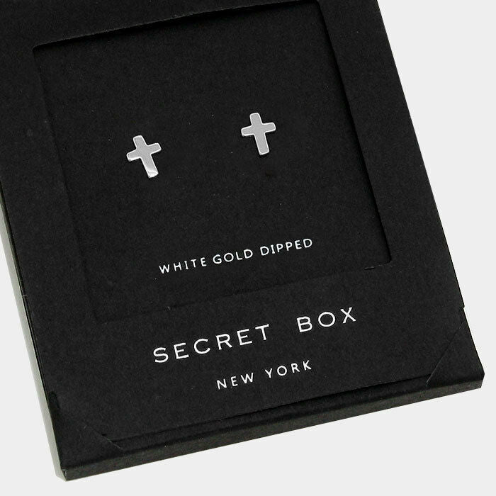 Cross Earrings Tiny Secret Gift Box WHITE GOLD DIPPED Small Stud Classic Elegant - PalmTreeSky