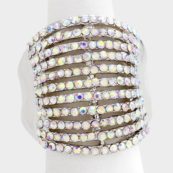 Cocktail Ring Multi Row Rhinestone Pave Crystals Wide Stretch Evening SILVER AB - PalmTreeSky