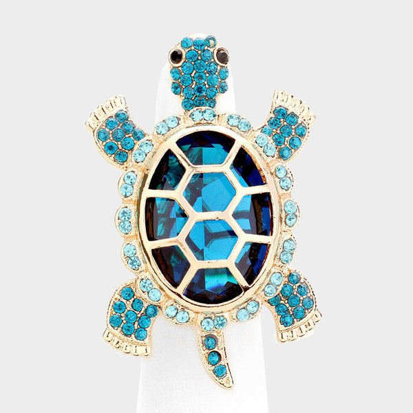 Cocktail Ring Turtle Rhinestone Pave Crystals Wide Stretch Evening Sea Life BLUE - PalmTreeSky