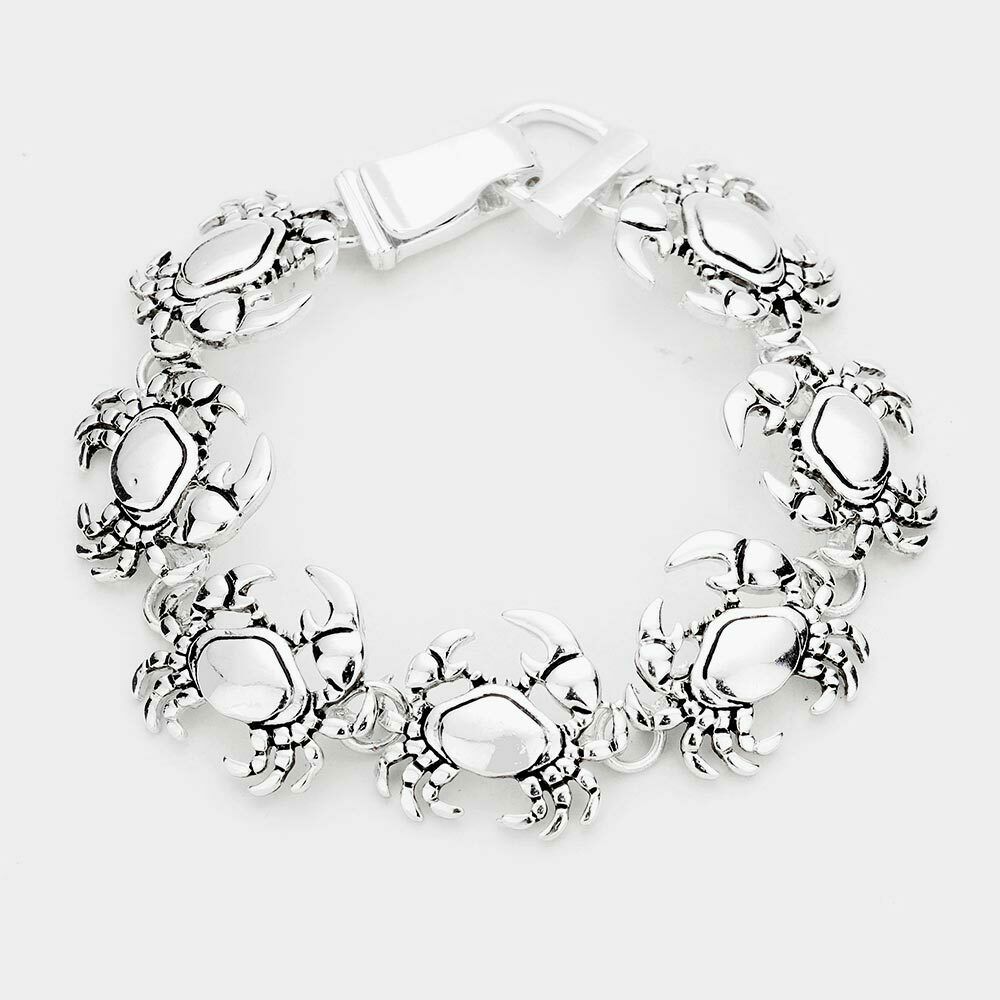 Crab Bracelet Magnetic Clasp Chain Link Shell Plain Metal Charm SILVER Surfer - PalmTreeSky