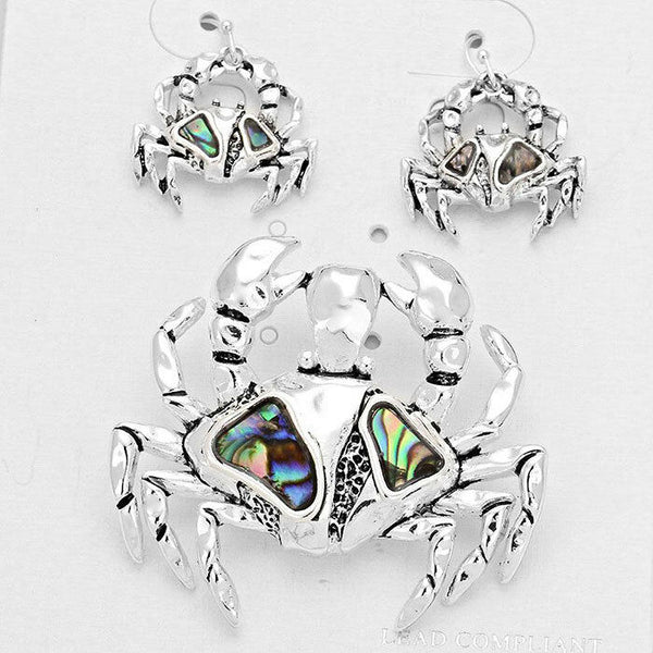 Crab Pendant Earring SET SeaLife ABALONE SHELL SILVER Beach Surfer Jewelry - PalmTreeSky