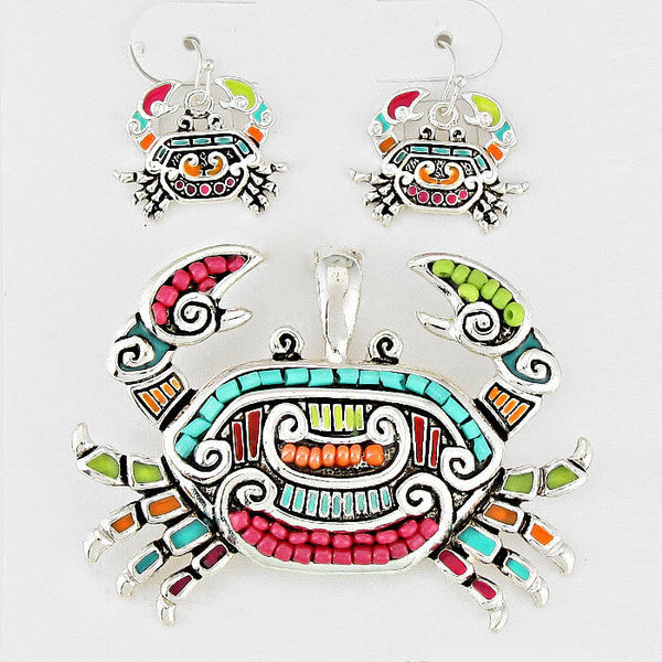 Crab Pendant Earrings SET Metal Beaded MULTI COLOR SHELL Sea Life Beach Jewelry - PalmTreeSky