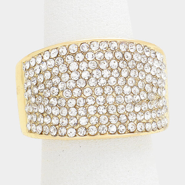 Cocktail Ring Large Wide Cluster Pave Rhinestone Stretch Band Crystal Gold Stone - PalmTreeSky