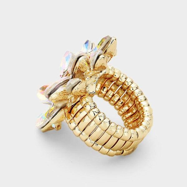 Cocktail Ring Large Wide Marquise Swirl Rhinestone Stretch Band Crystal GOLD AB - PalmTreeSky