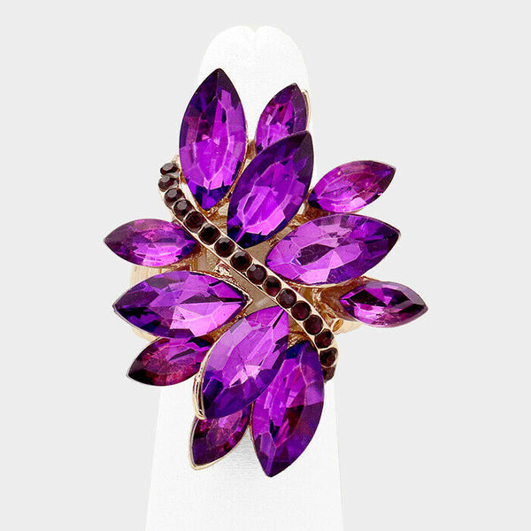 Cocktail Ring Large Wide Marquise Swirl Rhinestone Stretch Band Crystal PURPLE - PalmTreeSky