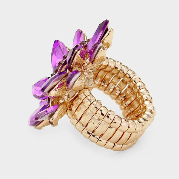 Cocktail Ring Large Wide Marquise Swirl Rhinestone Stretch Band Crystal PURPLE - PalmTreeSky