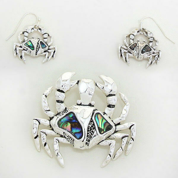 Crab Pendant Earrings SET Metal SILVER ABALONE SHELL Sea Life Beach Jewelry - PalmTreeSky