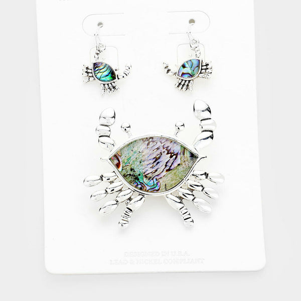 Crab Pendant Earrings SET Metal Abalone Shell SILVER Shell Sand Beach Jewelry - PalmTreeSky