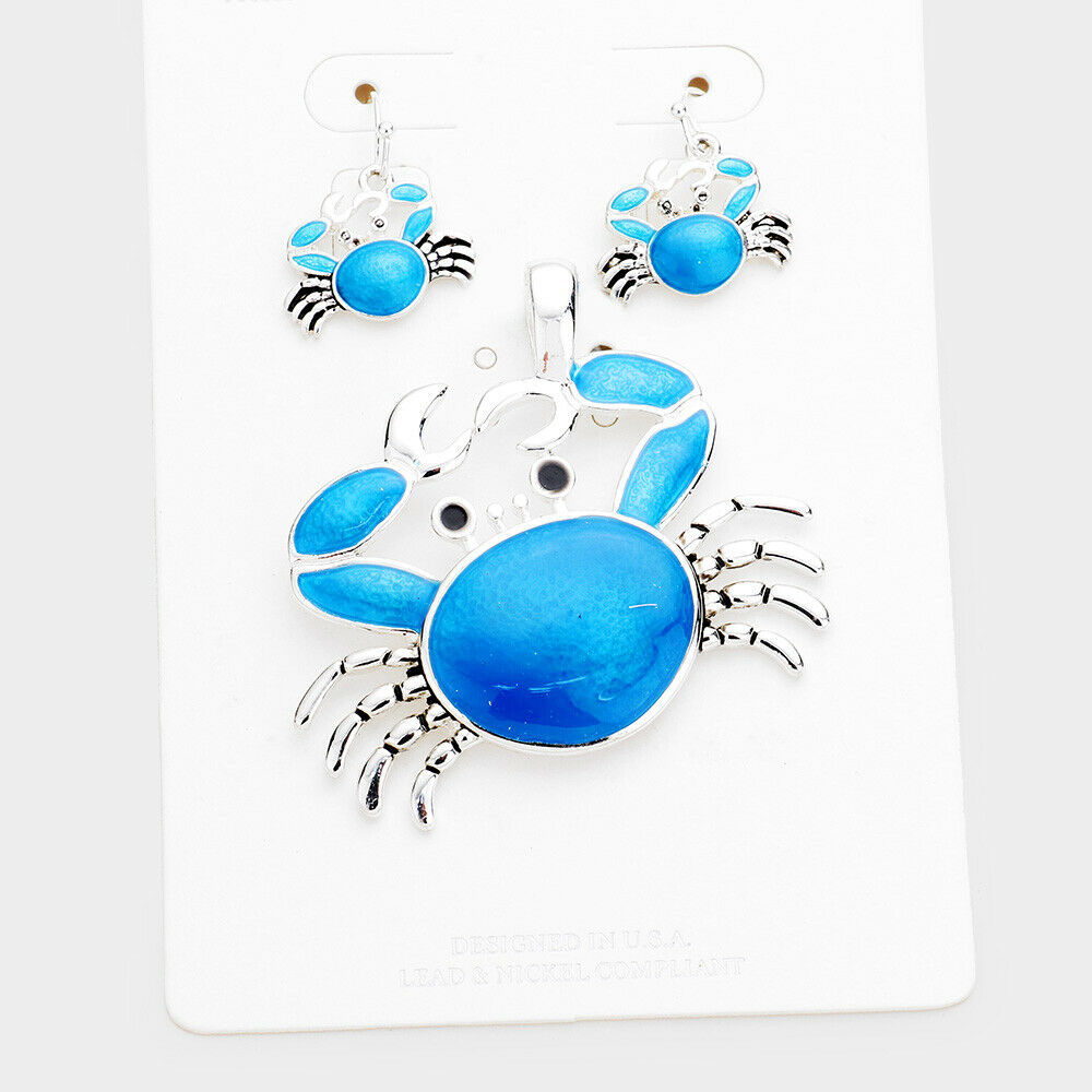 Crab Pendant Earrings SET Shell Sand Beach Ocean Sea SILVER BLU Magnetic Jewelry - PalmTreeSky