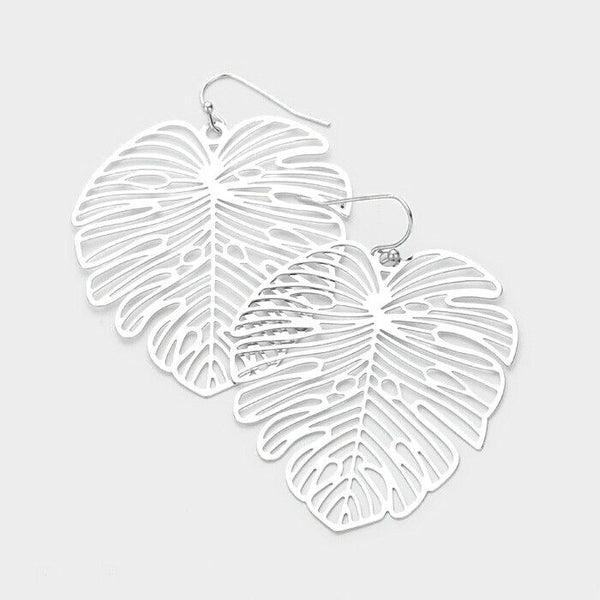 Tropical Leaf Earrings Leaf Palm Tree Filigree 2.25" Lightweight Bohemian SILVER - PalmTreeSky