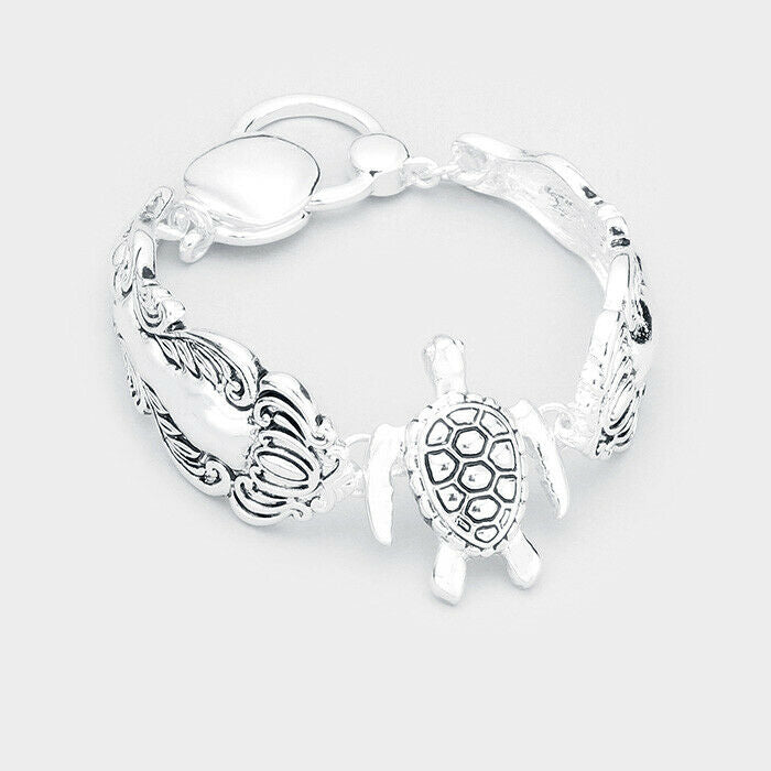 Turtle Bracelet Spoon Magnetic Bangle SILVER Flower Textured Metal Sea Jewelry - PalmTreeSky