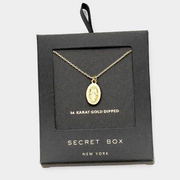 Virgin Saint Mary Necklace Secret Gift Box .6" Medallion 14K GOLD DIP Pendant - PalmTreeSky