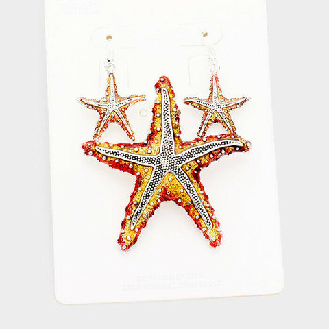 Starfish Pendant Earrings SET Sea Life Beach Sand SILVER RED Metal Magnetic - PalmTreeSky
