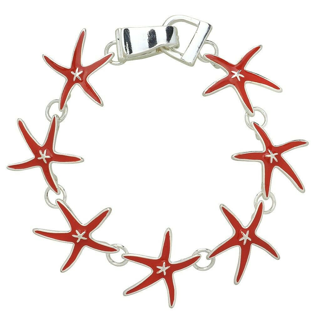 Starfish Bracelet Magnetic Closure Clasp Enamel Sea Life Sand Jewelry SILVER RED - PalmTreeSky