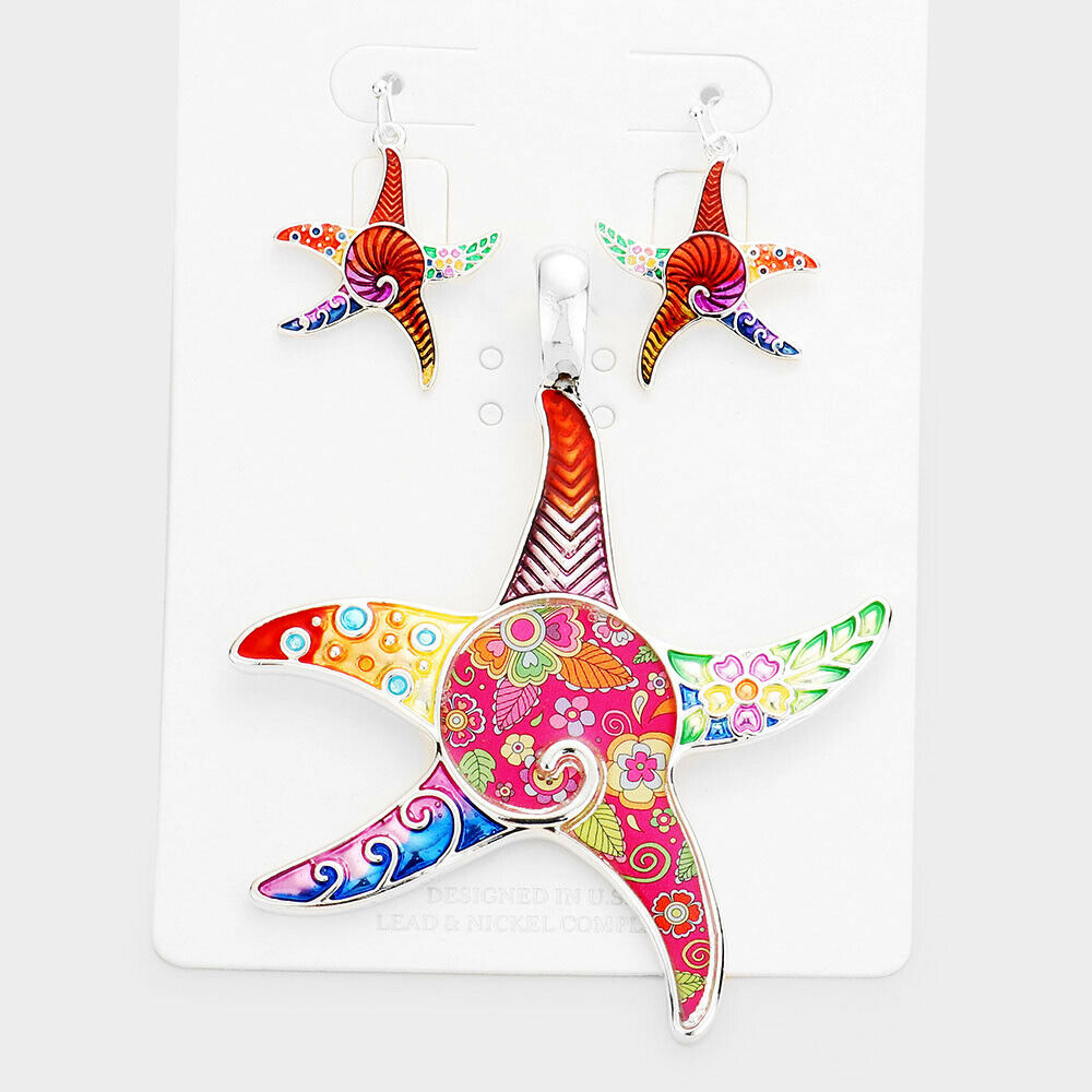 Starfish Pendant Earrings SET Metal Enamel Floral Flower Pattern Sea Life SIL RD - PalmTreeSky