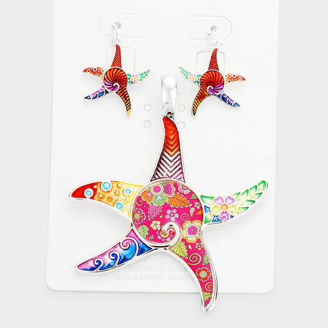 Starfish Pendant Earrings SET Metal Enamel Floral Flower Pattern Sea Life SIL RD - PalmTreeSky