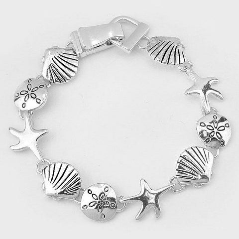 Starfish Bracelet Magnetic Clasp Metal Link Sand Dollar Sea Life SILVER Beach - PalmTreeSky