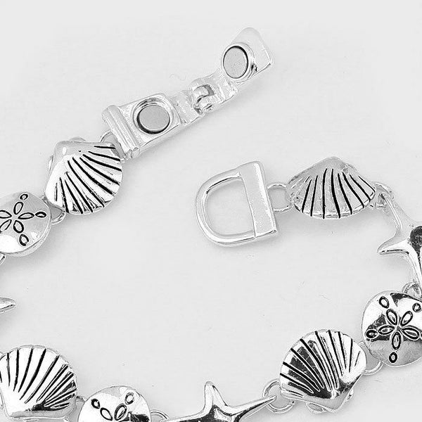 Starfish Bracelet Magnetic Clasp Metal Link Sand Dollar Sea Life SILVER Beach - PalmTreeSky