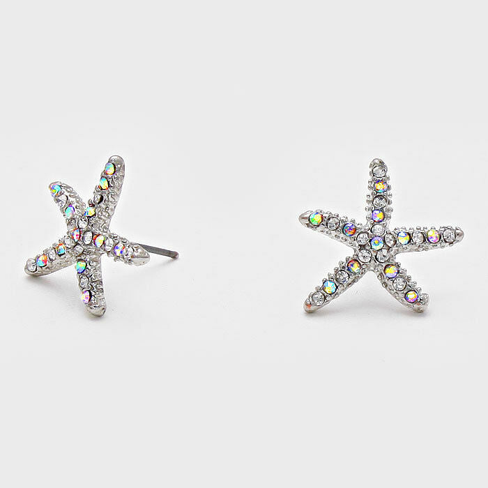 Starfish Earrings Rhinestone Studs SLVR AB 3/4" Post Nautical Beach Surf Jewelry - PalmTreeSky