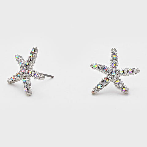Starfish Earrings Rhinestone Studs SLVR AB 3/4" Post Nautical Beach Surf Jewelry - PalmTreeSky
