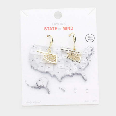 State Earrings Tiny Filigree .65" Drop Map OKLAHOMA Hometown Travel Home GOLD - PalmTreeSky