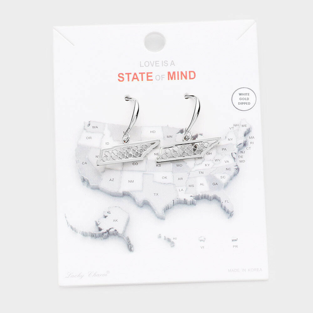 State Earrings Tiny Filigree .65" Drop Map TENNESSEE Hometown Travel Home SILVER - PalmTreeSky