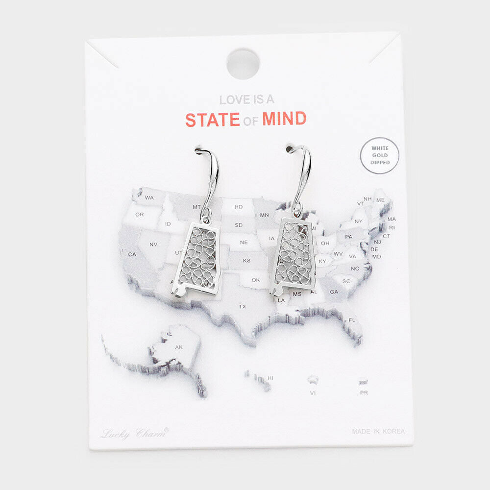 State Earrings Tiny Filigree .65" Drop Map ALABAMA Hometown Travel Home SILVER - PalmTreeSky