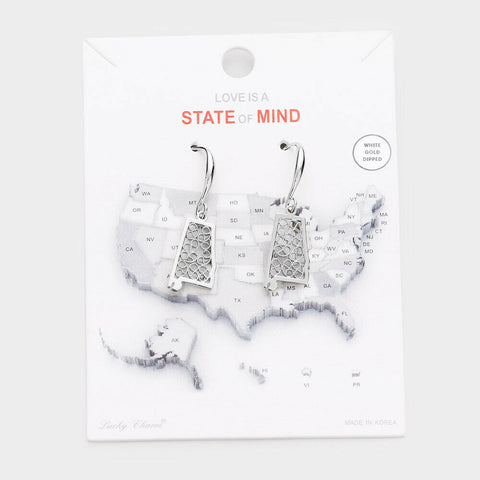 State Earrings Tiny Filigree .65" Drop Map ALABAMA Hometown Travel Home SILVER - PalmTreeSky