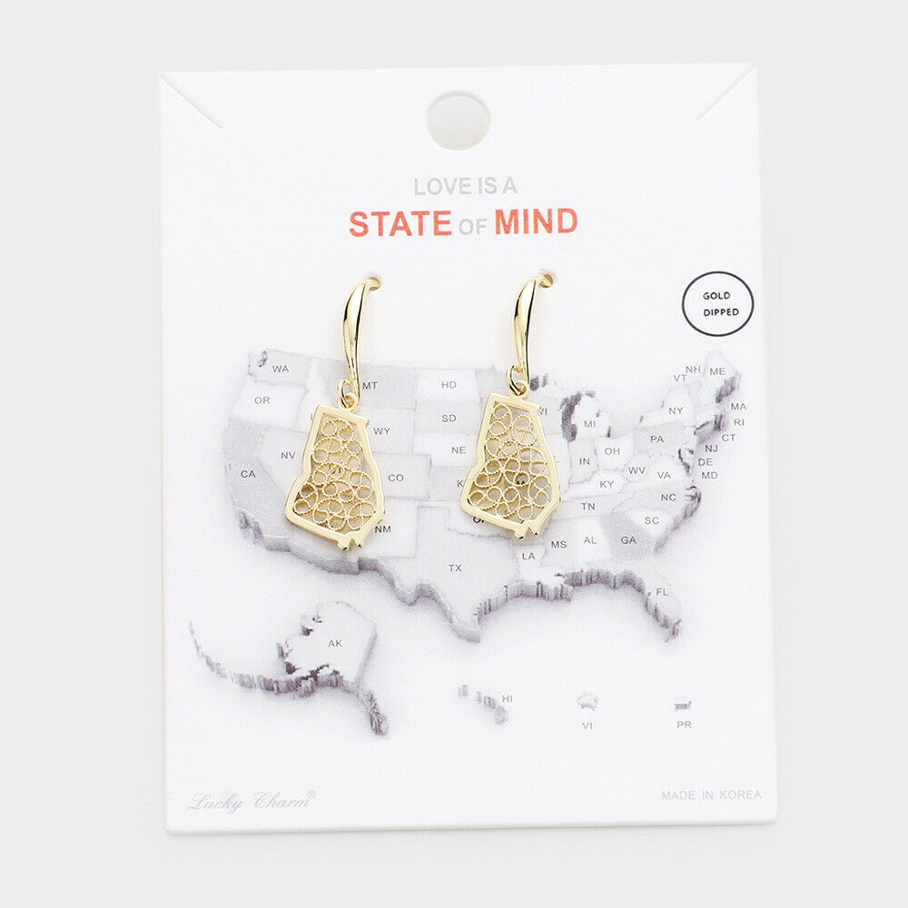 State Earrings Tiny Filigree .65" Drop Map GEORGIA Hometown Travel Home GOLD - PalmTreeSky