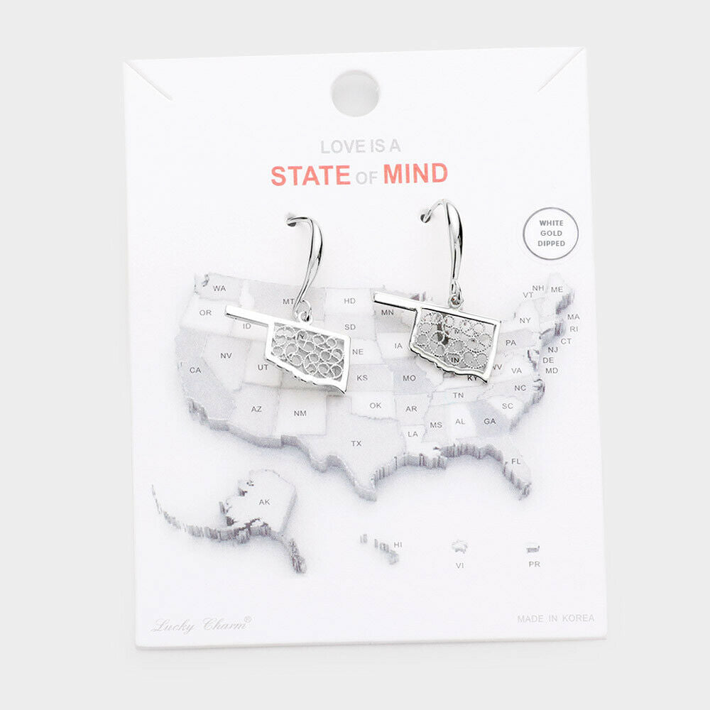 State Earrings Tiny Filigree .65" Drop Map OKLAHOMA Hometown Travel Home SILVER - PalmTreeSky