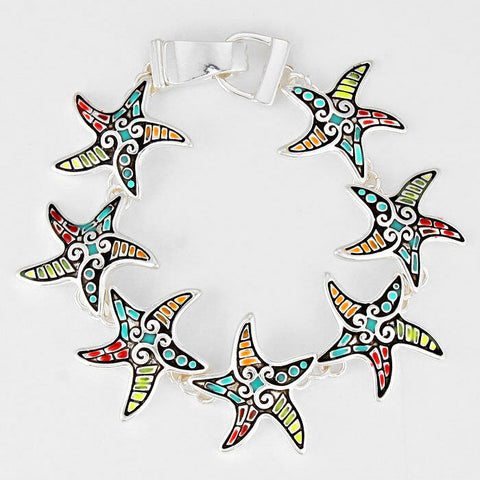 Starfish Bracelet Magnetic Clasp Metal Link Sea Life SILVER MULTI Swirl Beach - PalmTreeSky