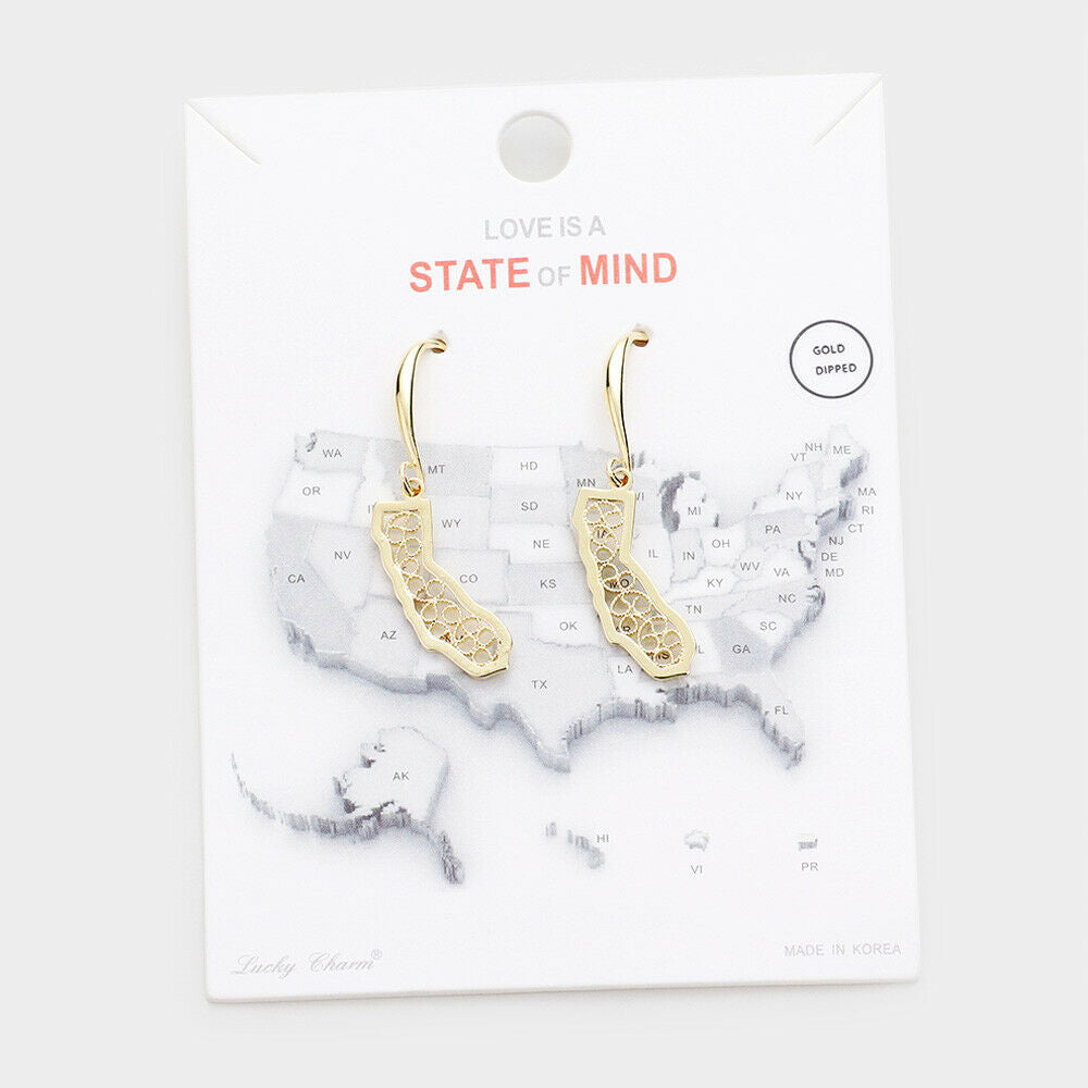 State Earrings Tiny Filigree .65" Drop Map CALIFORNIA Hometown Travel Home GOLD - PalmTreeSky