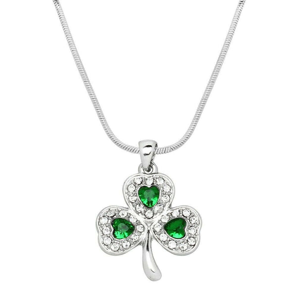 Clover Necklace Crystal Stone Three Leaf Shamrock Luck Irish St Patricks SILVER - PalmTreeSky