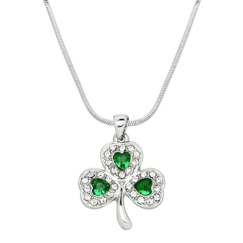 Clover Necklace Crystal Stone Three Leaf Shamrock Luck Irish St Patricks SILVER - PalmTreeSky