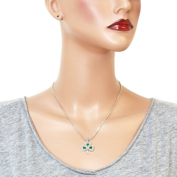 Clover Necklace Crystal Stone Three Leaf Shamrock Luck Irish St Patricks SILVER - PalmTreeSky