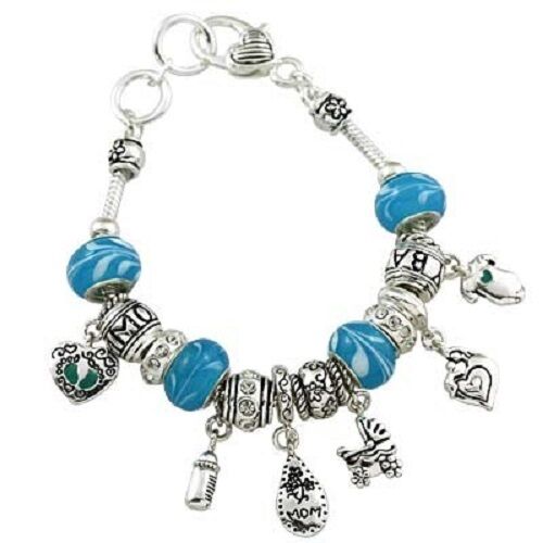 Mom Mother Charm Bracelet Bead SILVER BLUE Baby Child Love Message Theme Jewelry - PalmTreeSky