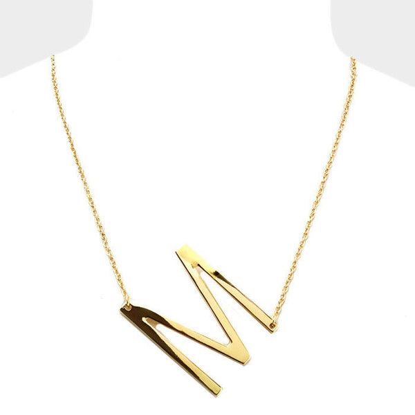 Initial Necklace Side Letter M Thin Large Monogram 1.75" Personalized Name GOLD - PalmTreeSky