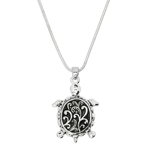 Turtle Necklace Pendant Charm Snake Chain Filigree Swirl Metal SILVER Jewelry - PalmTreeSky