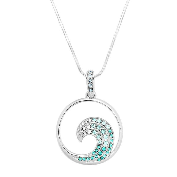 Wave Necklace Circle Charm Pave Rhinestone SILVER TURQ Ocean Beach Surfer Sun - PalmTreeSky