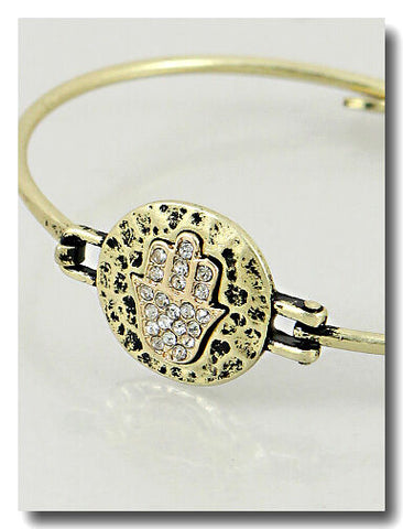 Evil Eye Bracelet Hamsa Hand Bangle Hammered Metal Pave BURNISHED GOLD Jewelry - PalmTreeSky